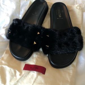 Valentino Mink Leather Slides AUTH!